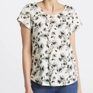 Bobeau Floral Top White Navy Skye Triblend Cross Back Knit Tee Blouse Sz.M